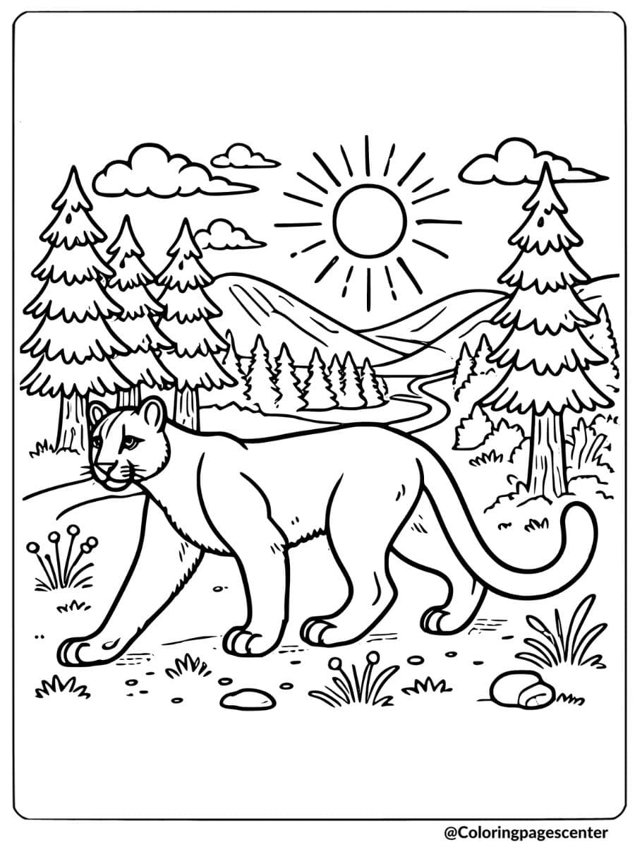 Mountain lion walking in a forest coloring page