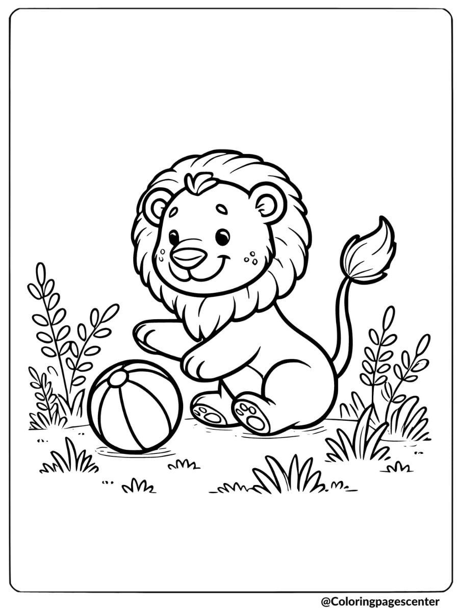 Lion cub playing with a ball coloring page