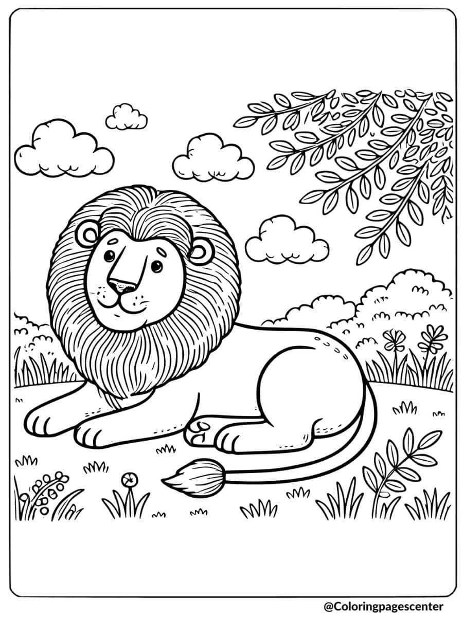 Resting lion in meadow with clouds coloring page