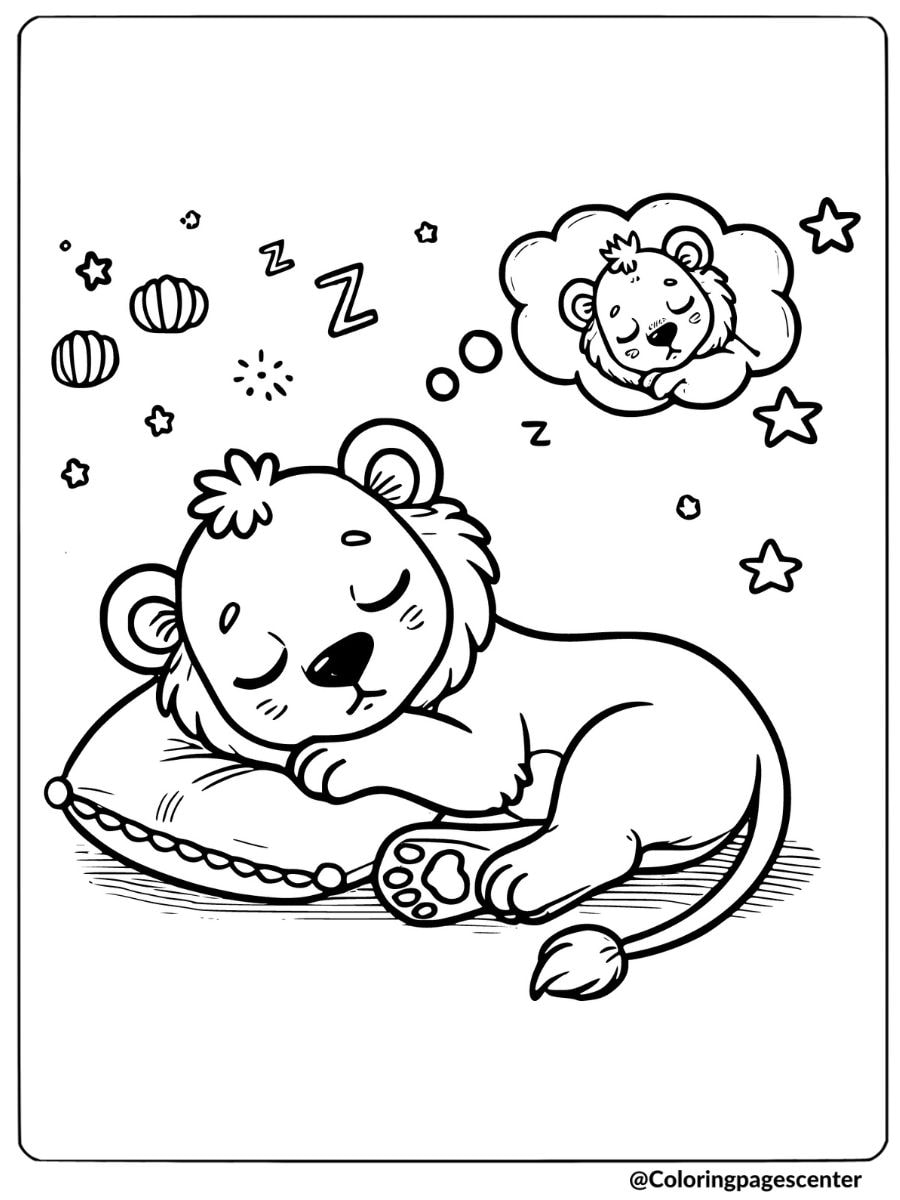 Sleeping lion dreaming of another lion coloring page