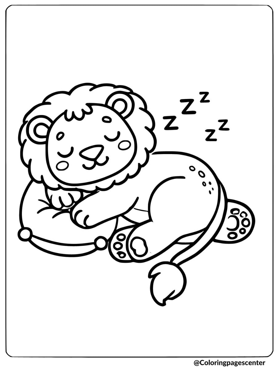 Cute sleeping lion on a pillow coloring page