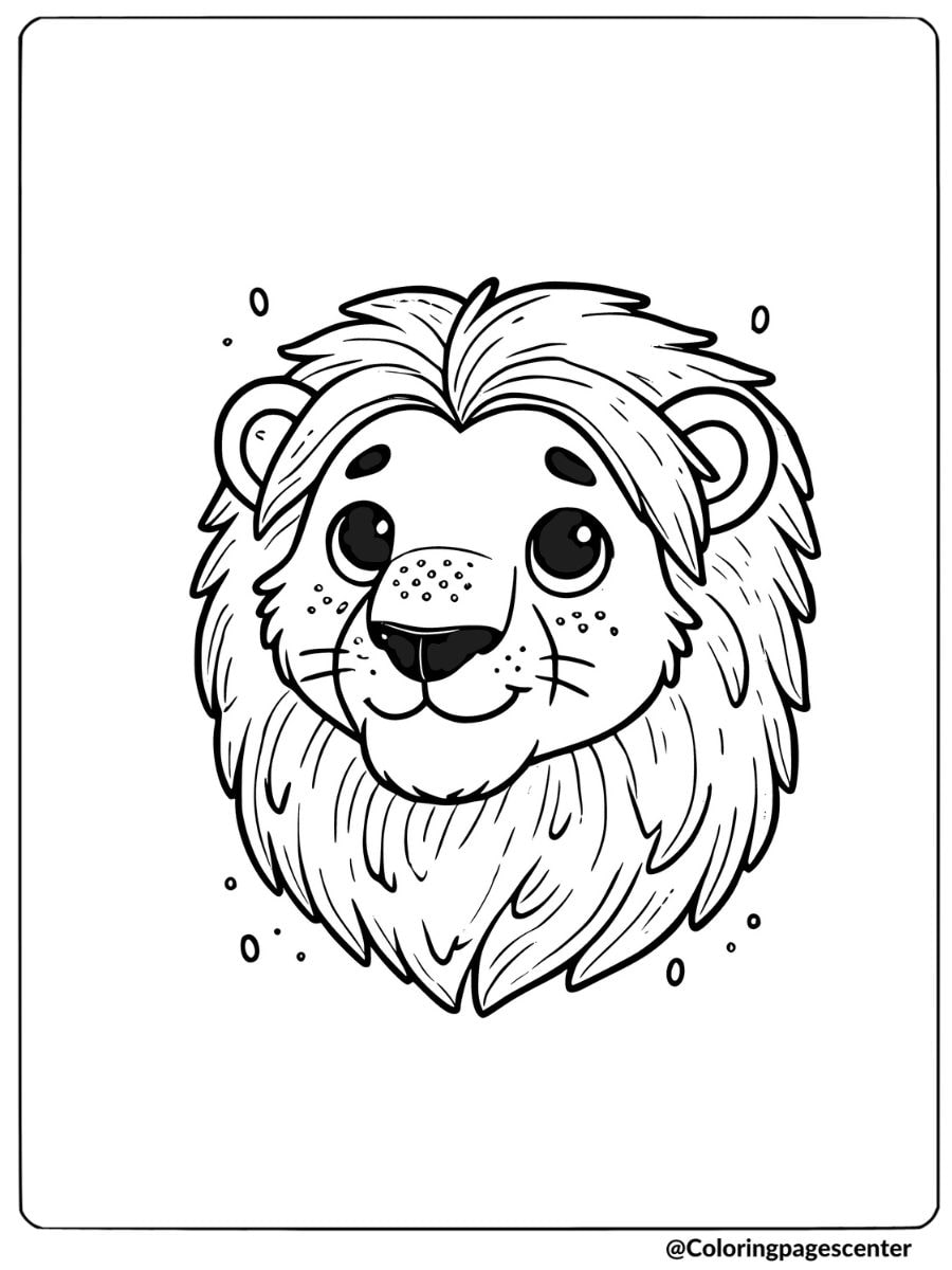 Coloring page of a smiling lion face with a friendly look