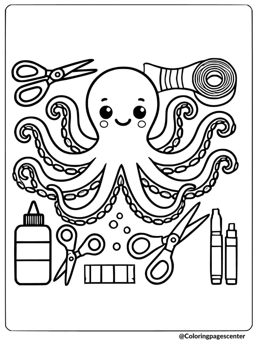 An octopus surrounded by crafting tools coloring page