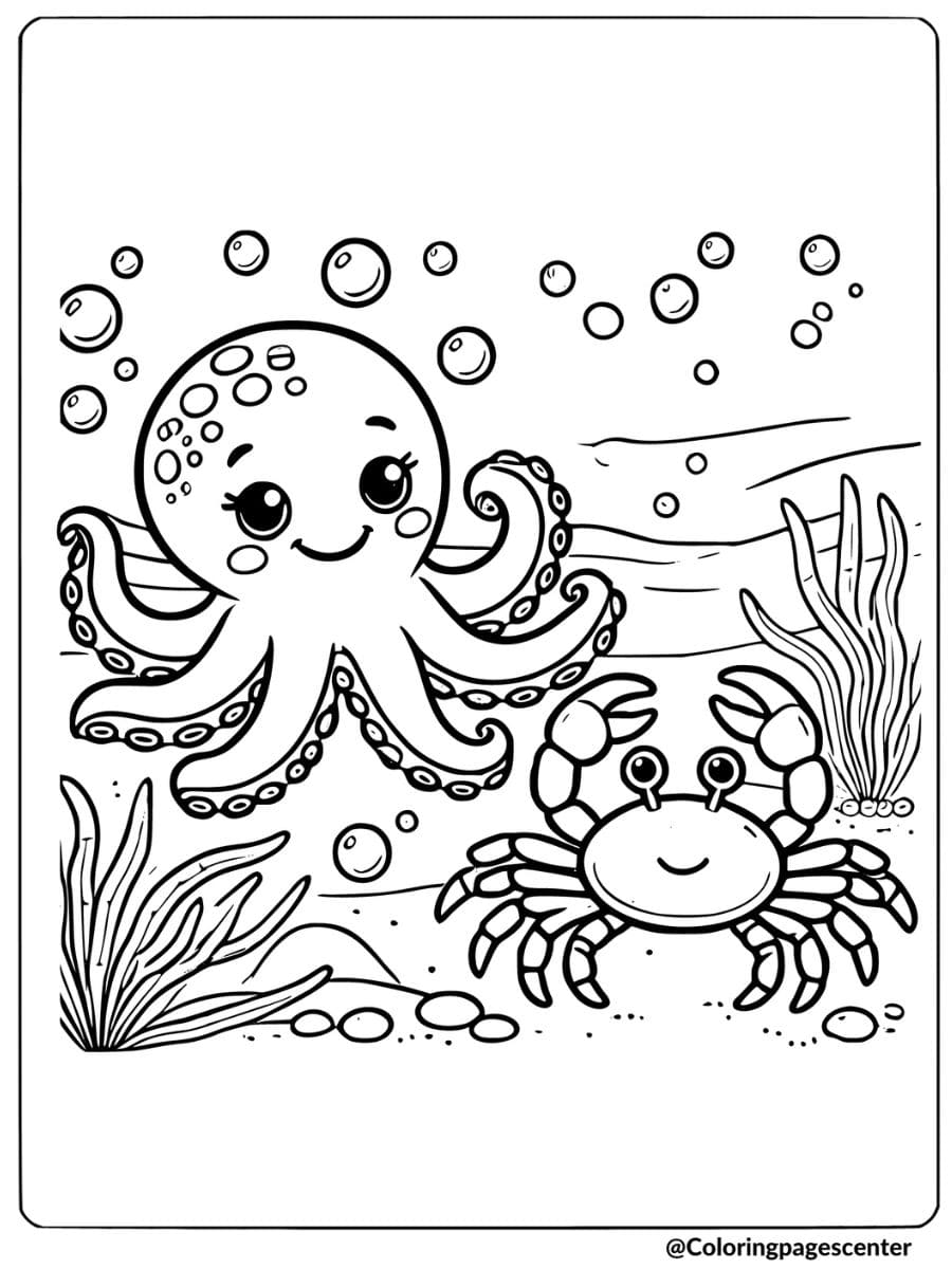 A cute octopus and crab smiling underwater coloring page