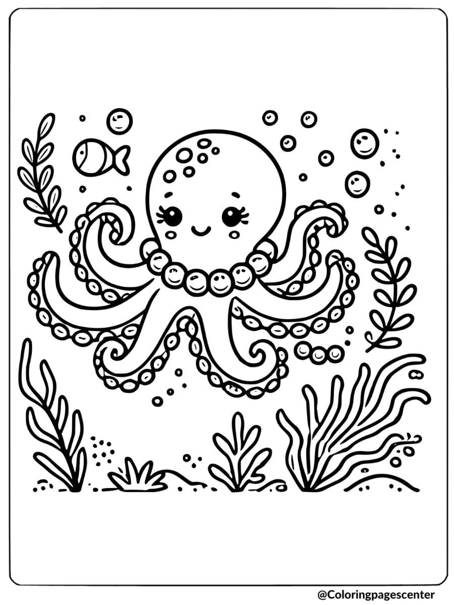 An octopus in a coral reef with fish coloring page