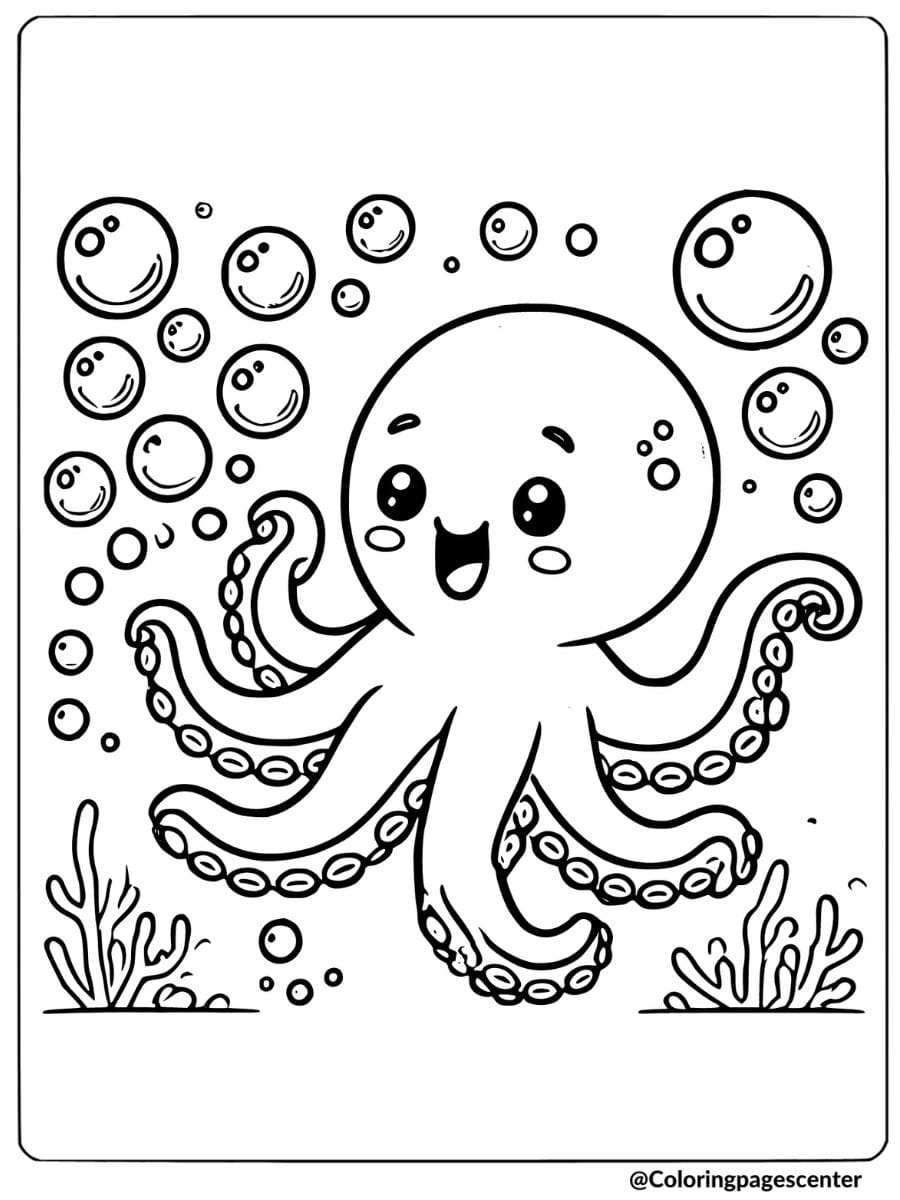 A happy octopus surrounded by bubbles underwater coloring page