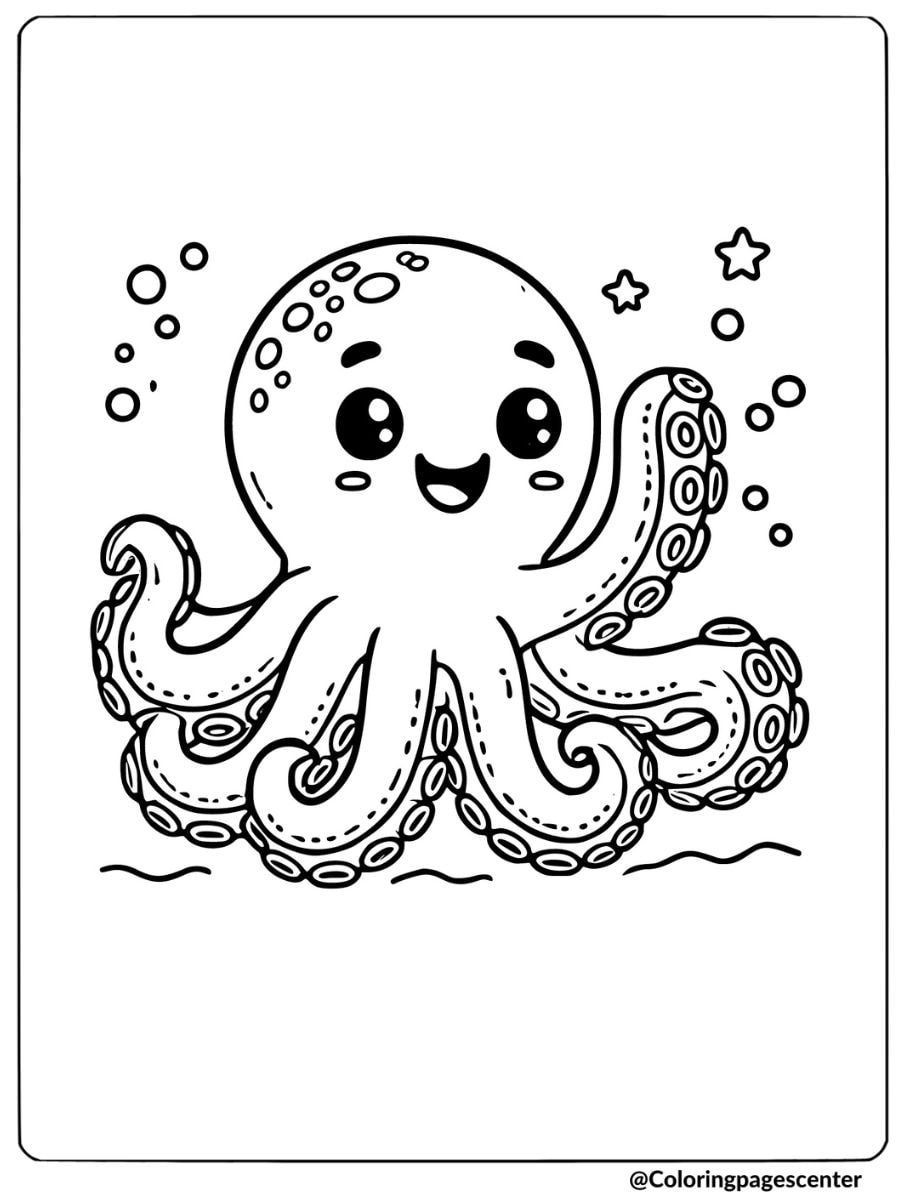 A happy octopus with stars underwater coloring page