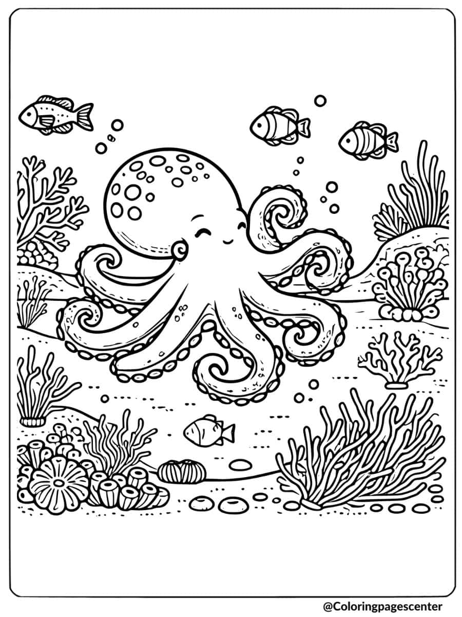 An octopus swimming with fish in the ocean coloring page