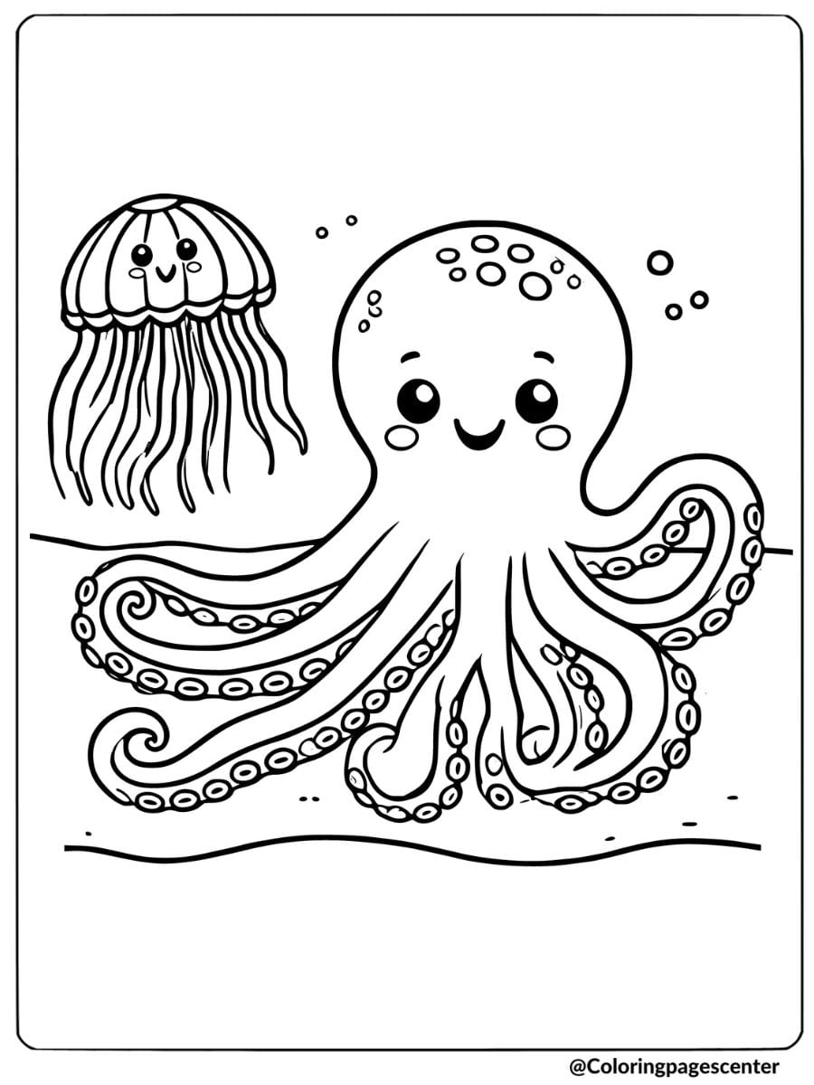 An octopus and a jellyfish underwater coloring page