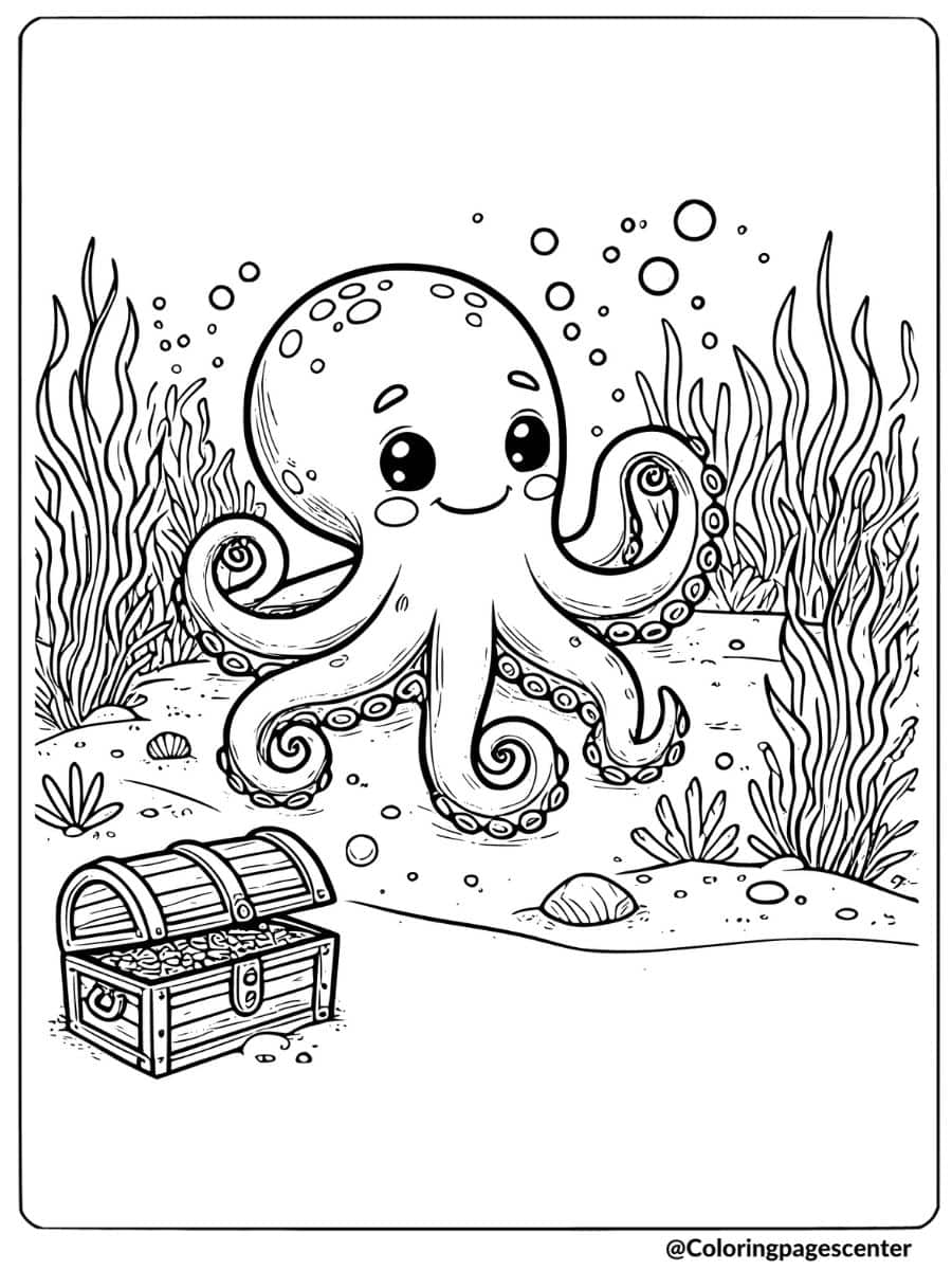 An octopus next to a treasure chest underwater coloring page