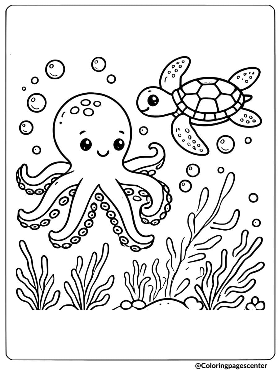 An octopus swimming with a turtle underwater coloring pageOctopus Chef Coloring Page