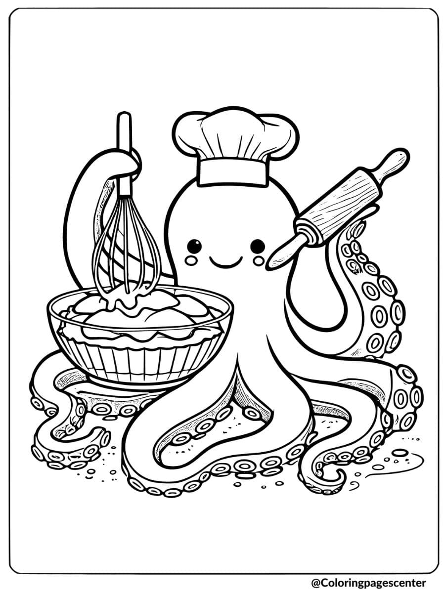 A cute octopus chef baking with a whisk and bowl coloring page