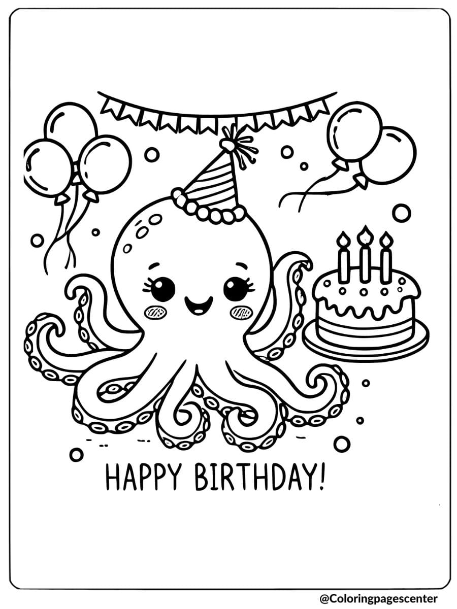 Octopus celebrating a birthday coloring page for kids