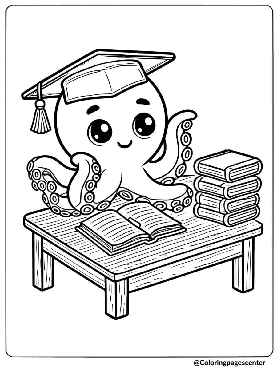 Octopus with graduation cap coloring page for kids