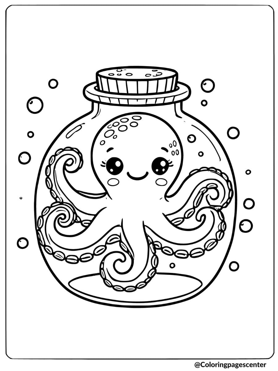 Happy octopus in a jar coloring page for kids