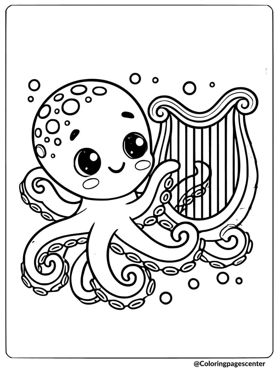 Octopus playing a harp coloring page for kids