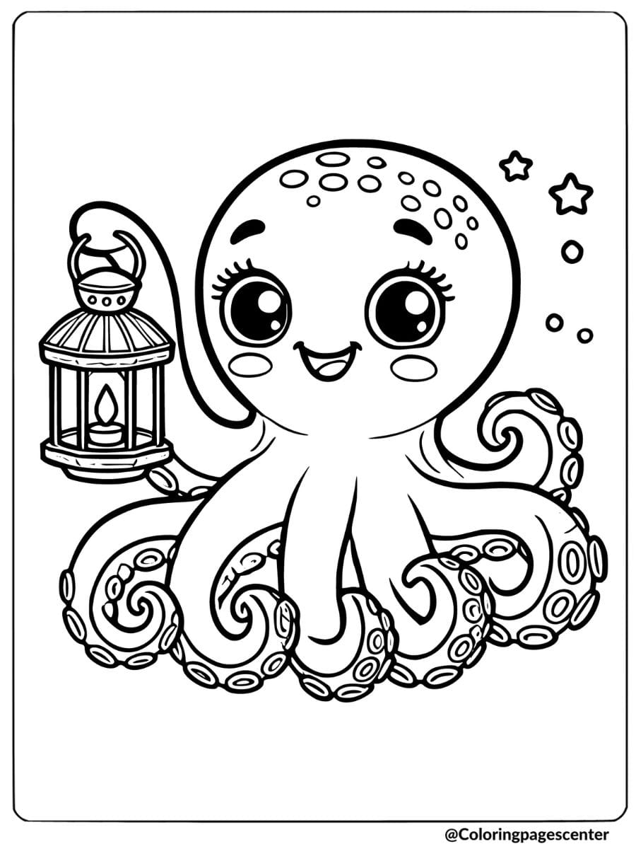 Octopus holding a lantern coloring page for kids