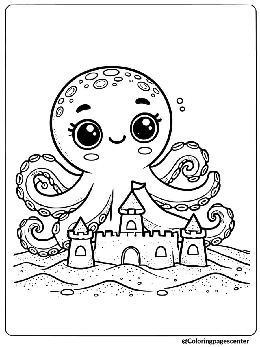 Octopus building a sandcastle coloring page for kids