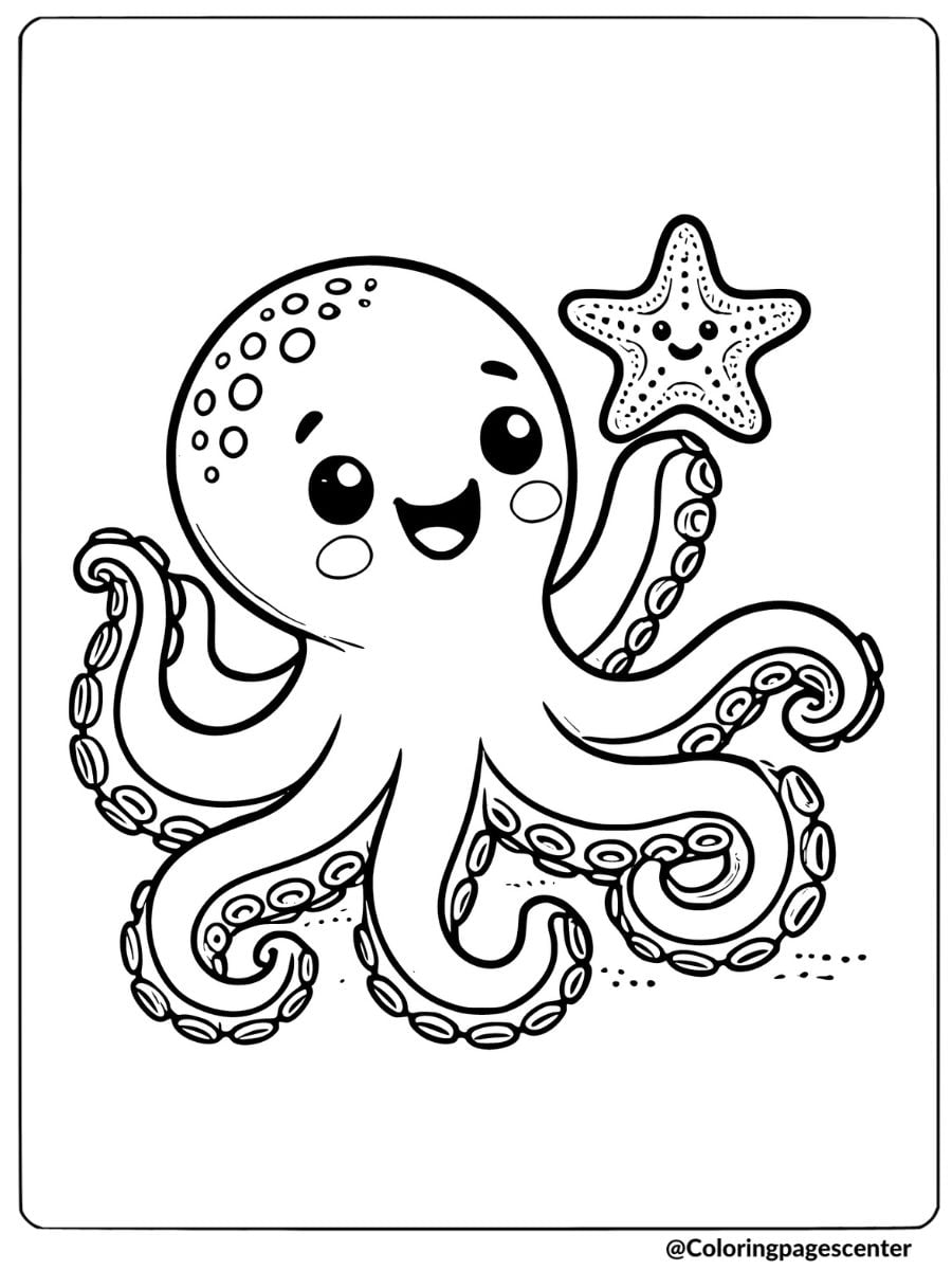 Octopus holding a starfish coloring page for kids