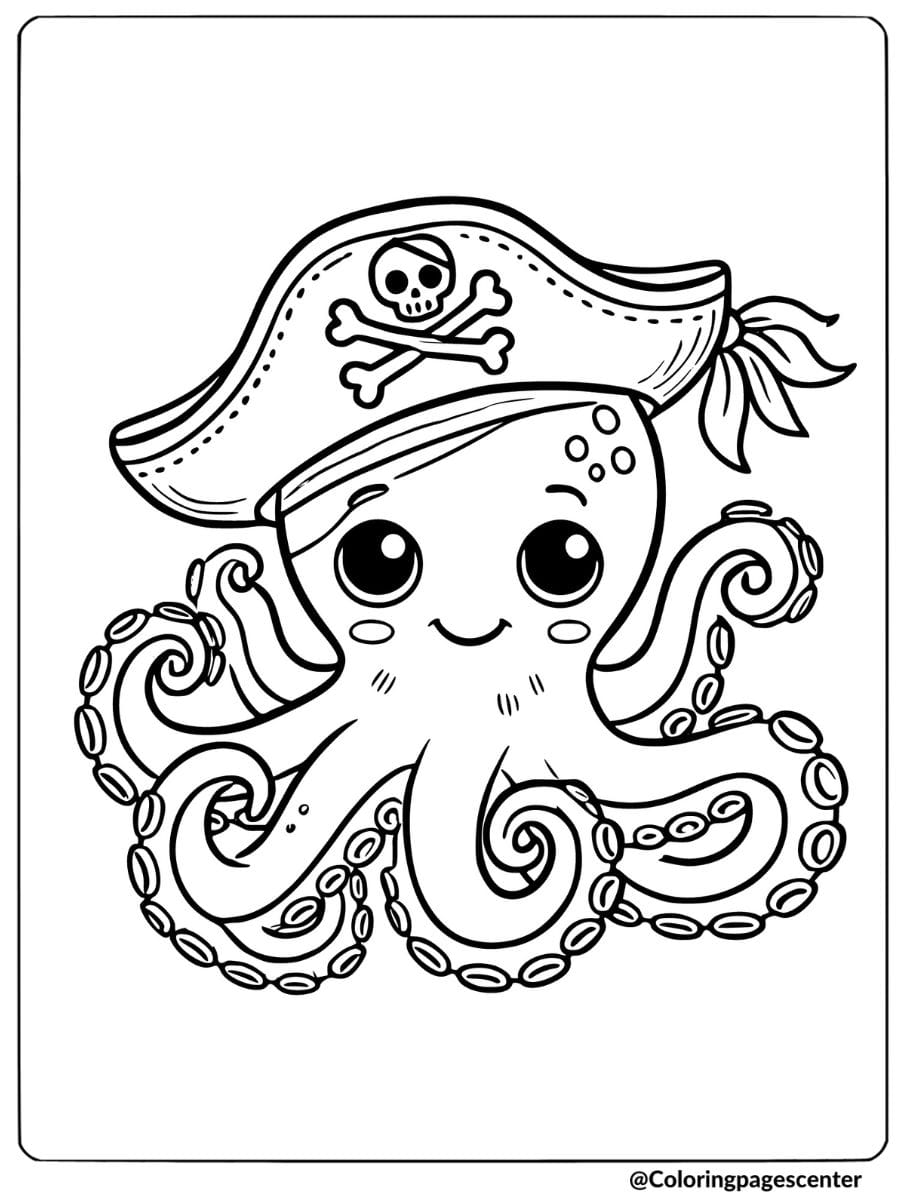 Octopus wearing a pirate hat coloring page for kids