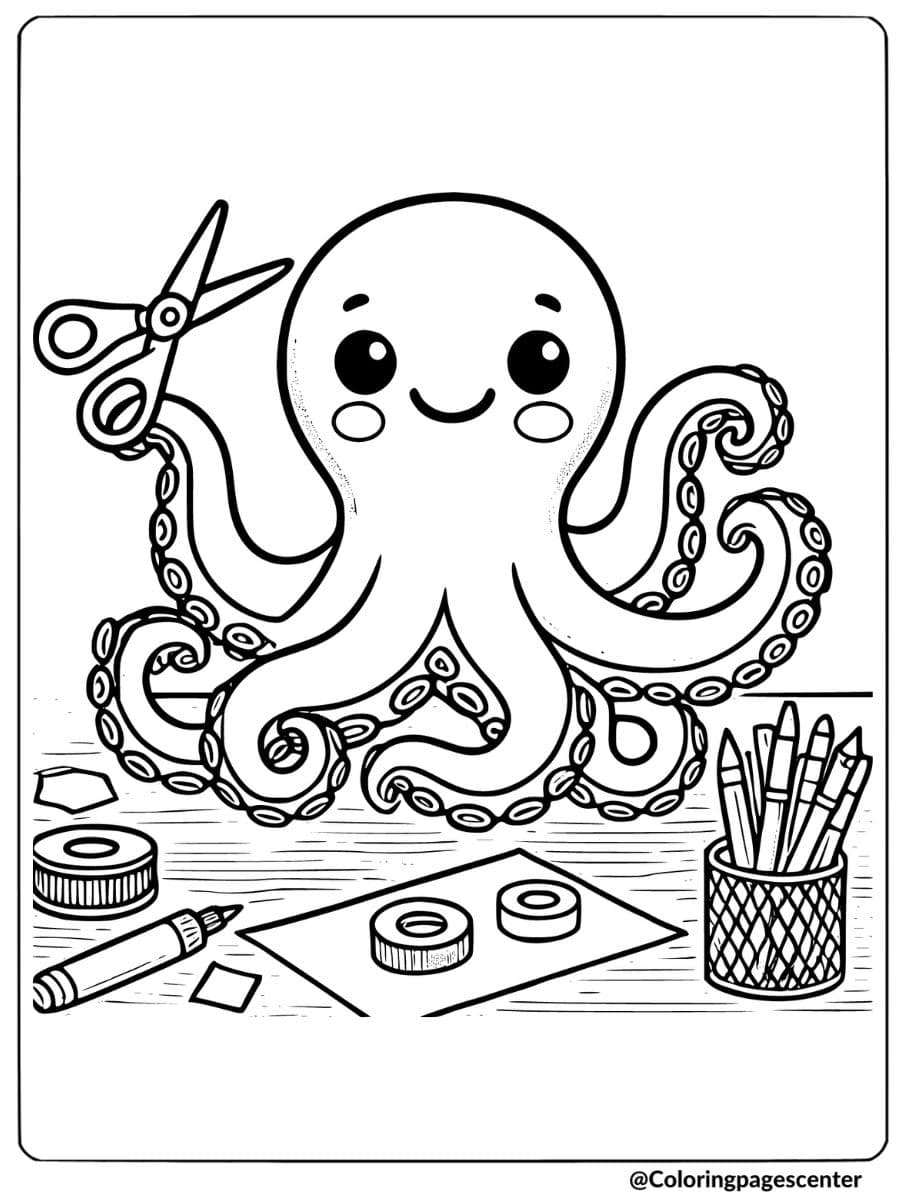 A crafty octopus doing crafts with scissors and tape coloring page