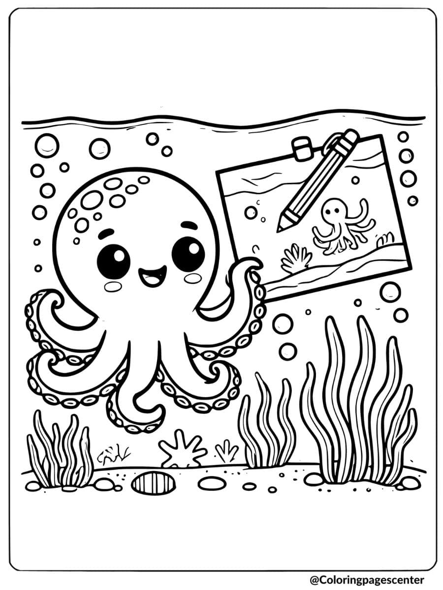 A happy octopus drawing underwater with sea plants coloring page