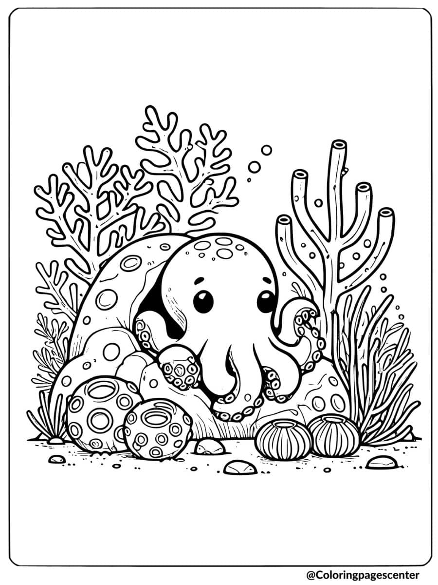 An octopus hiding among corals in the reef coloring page