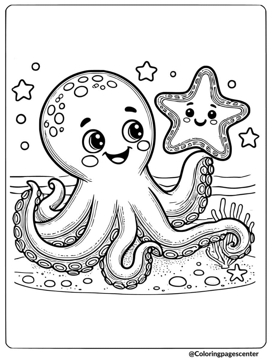 A cute octopus holding a starfish underwater coloring page