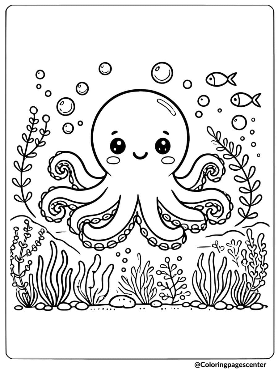 A happy octopus in a coral reef with fish coloring page