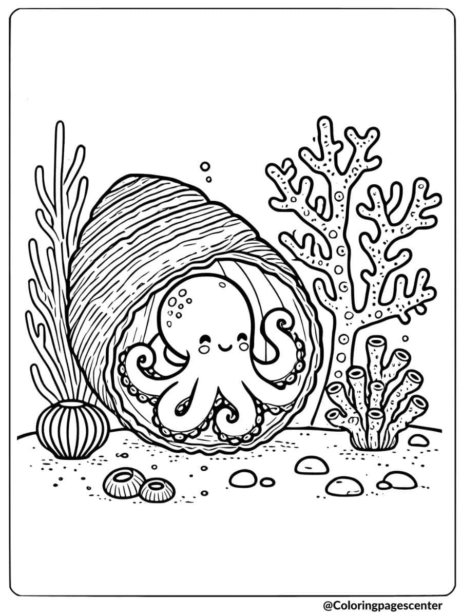 An octopus inside a shell house underwater coloring page