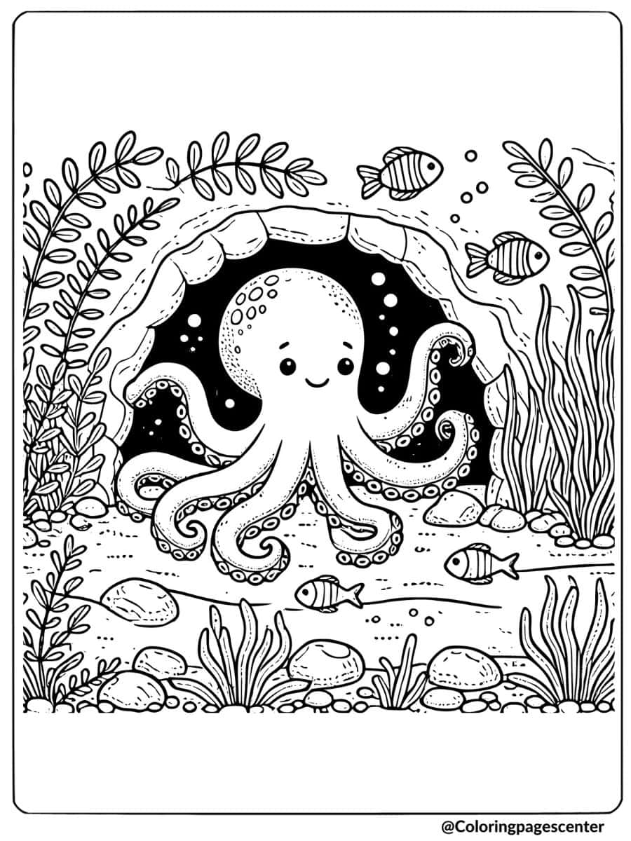 An octopus in an underwater cave with fish coloring page