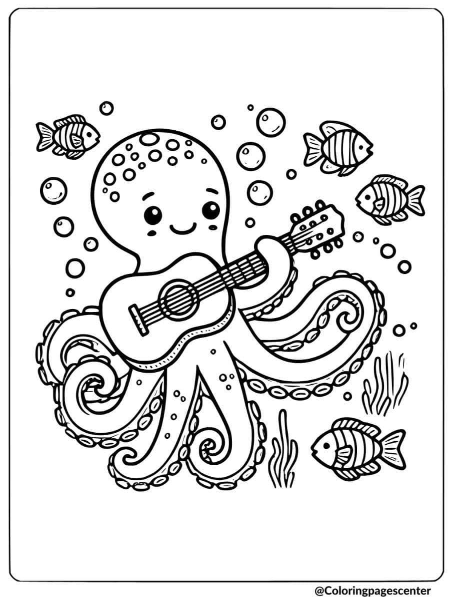 An octopus playing guitar underwater with fish coloring page