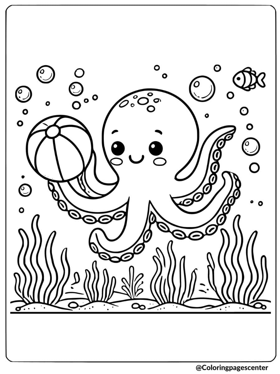 A cute octopus playing with a beach ball underwater coloring page