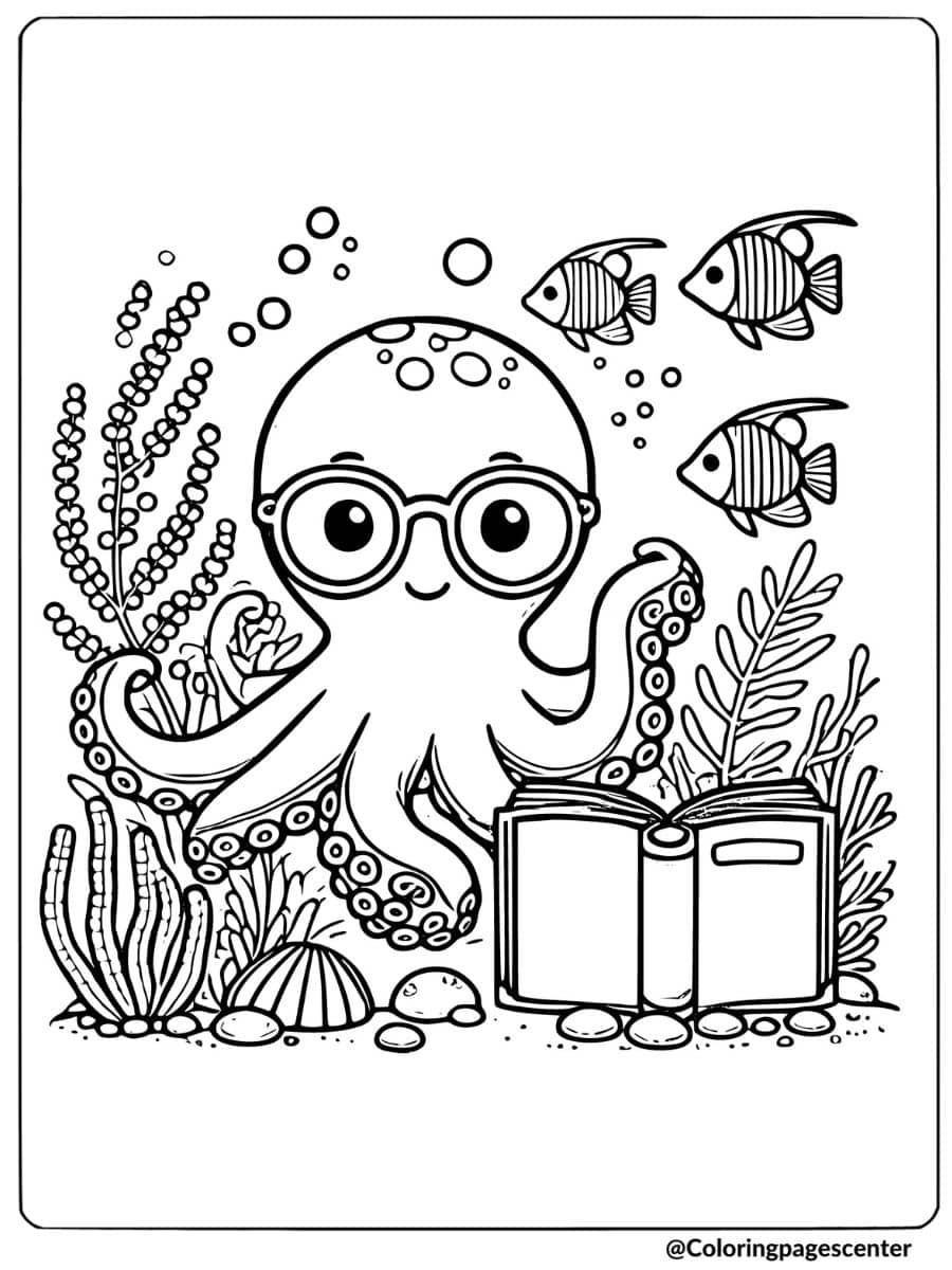 An octopus reading a book underwater with fish coloring page