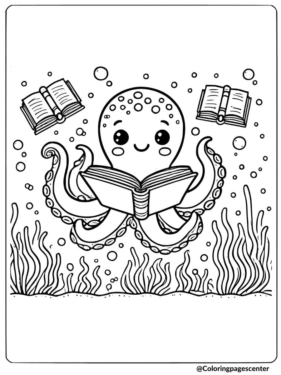 An octopus reading books underwater coloring page