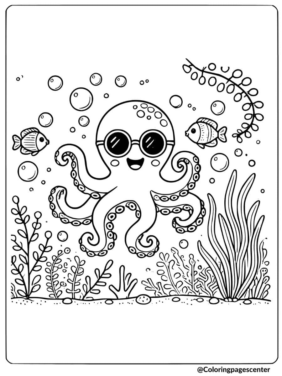 An octopus wearing sunglasses swimming with fish coloring page