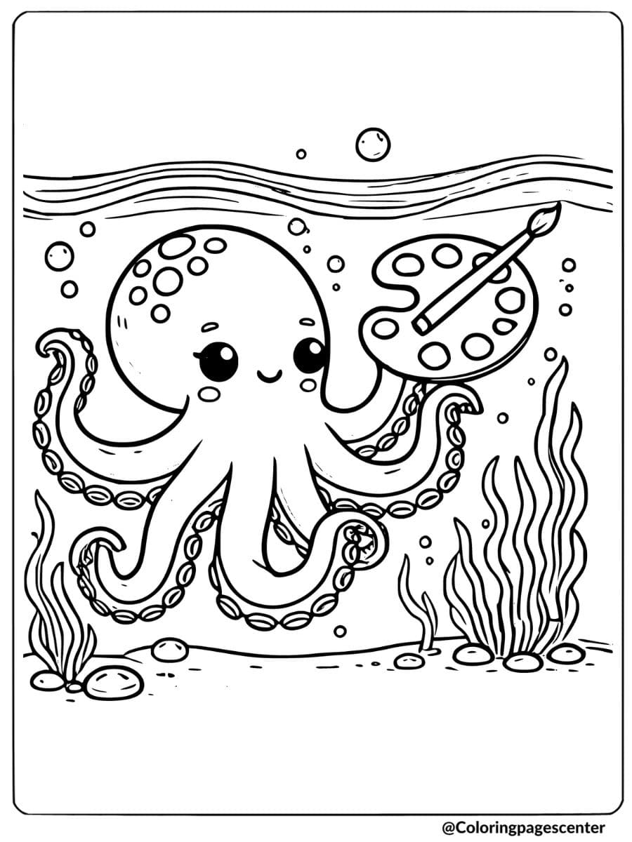 An octopus holding a paint palette underwater coloring page