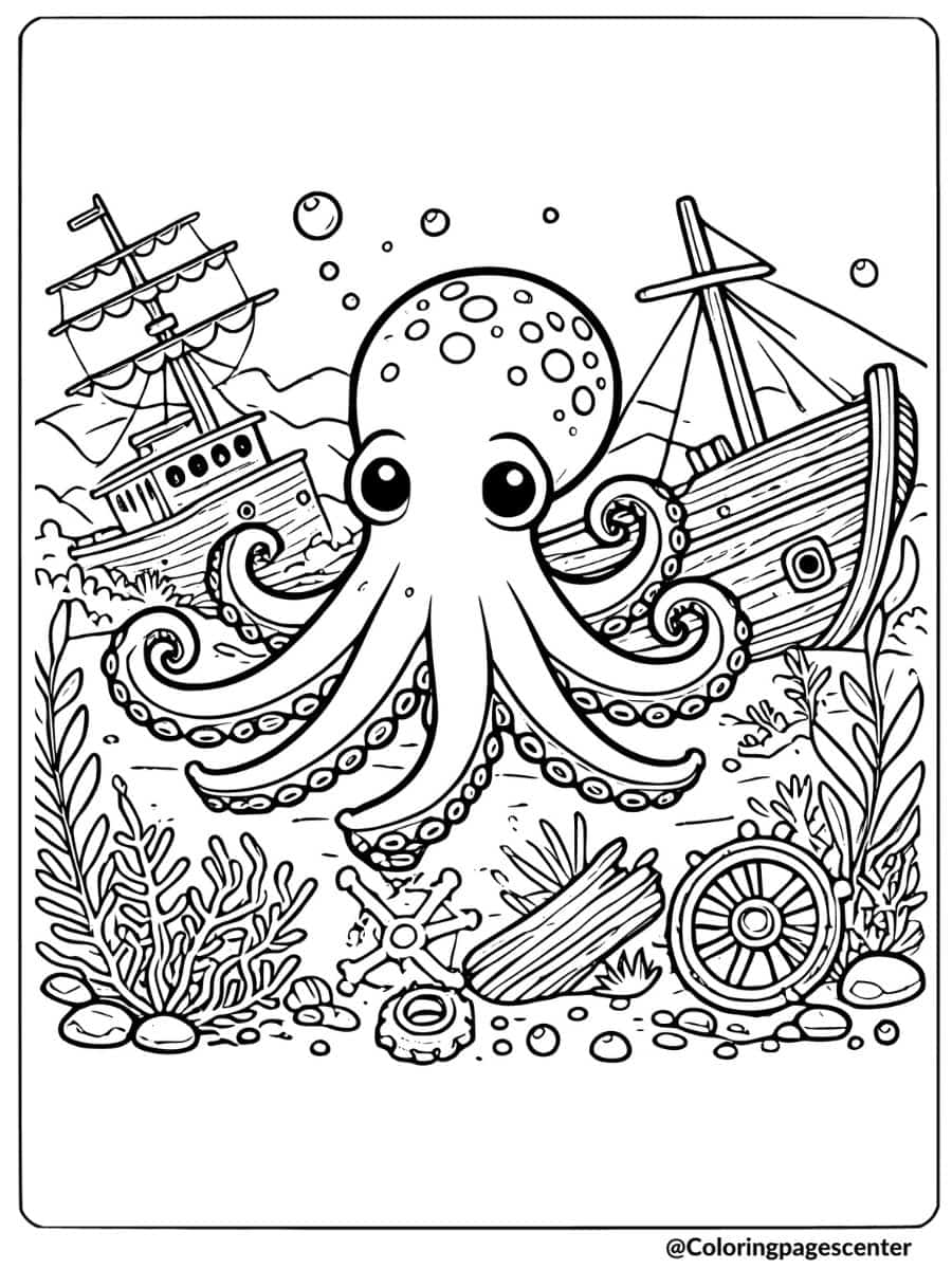 An octopus near a sunken ship underwater coloring page