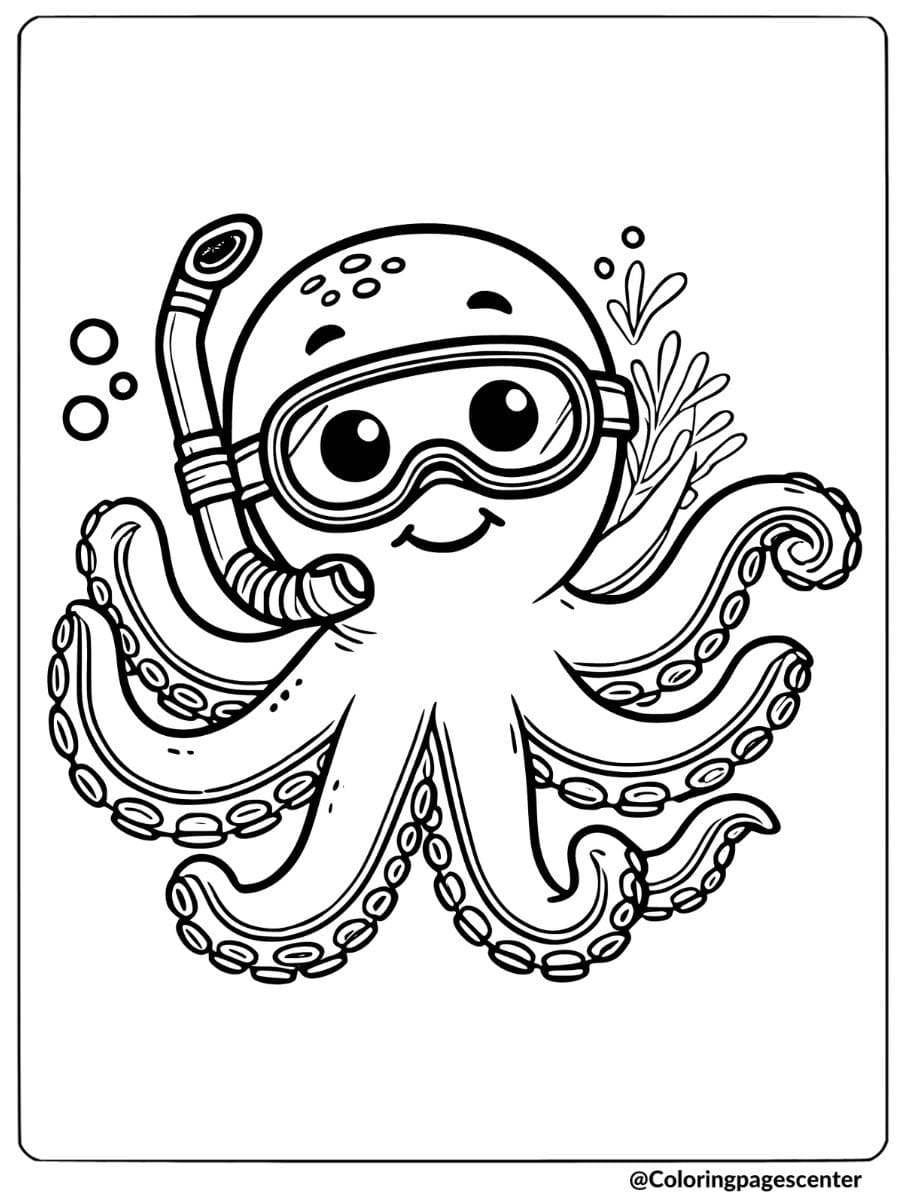 An octopus wearing a snorkel underwater coloring page