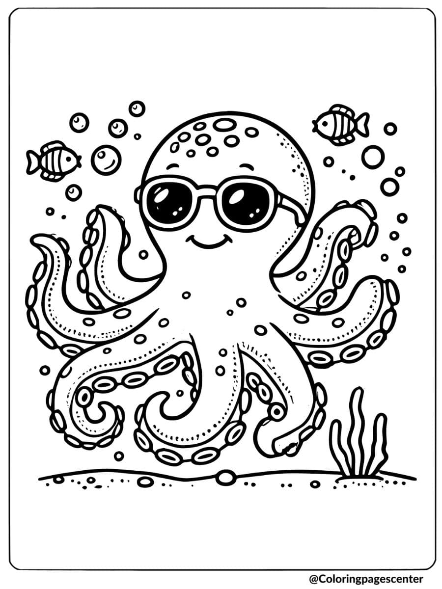 A cool octopus wearing sunglasses underwater coloring page