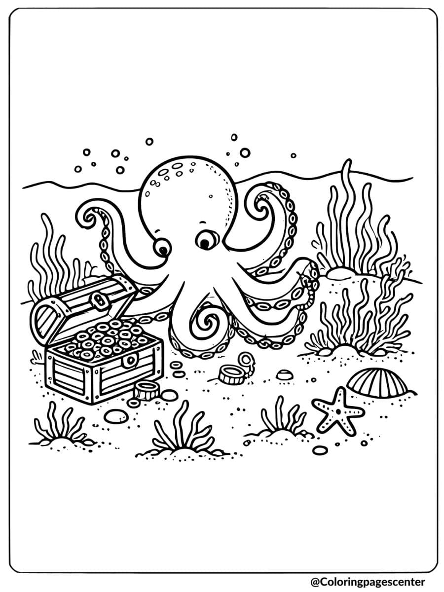 An octopus finding a treasure chest underwater coloring page