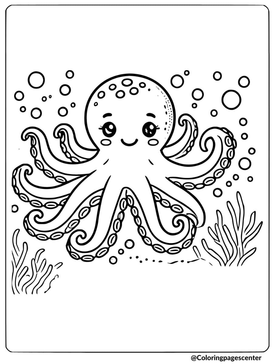 A smiling octopus underwater with bubbles coloring page