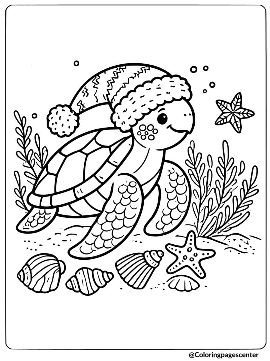 Sea turtle with Christmas hat coloring page