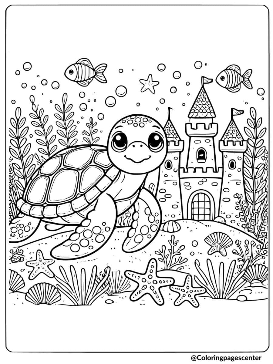 Cute sea turtle exploring a coral reef coloring page