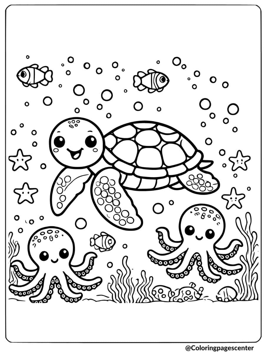 Cute sea turtle with octopus and fish friends coloring page