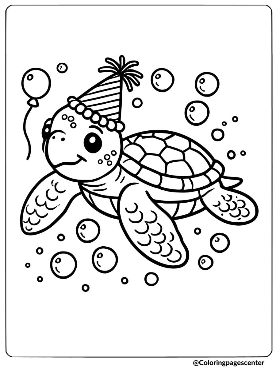 Fun sea turtle with party hat and balloons coloring page