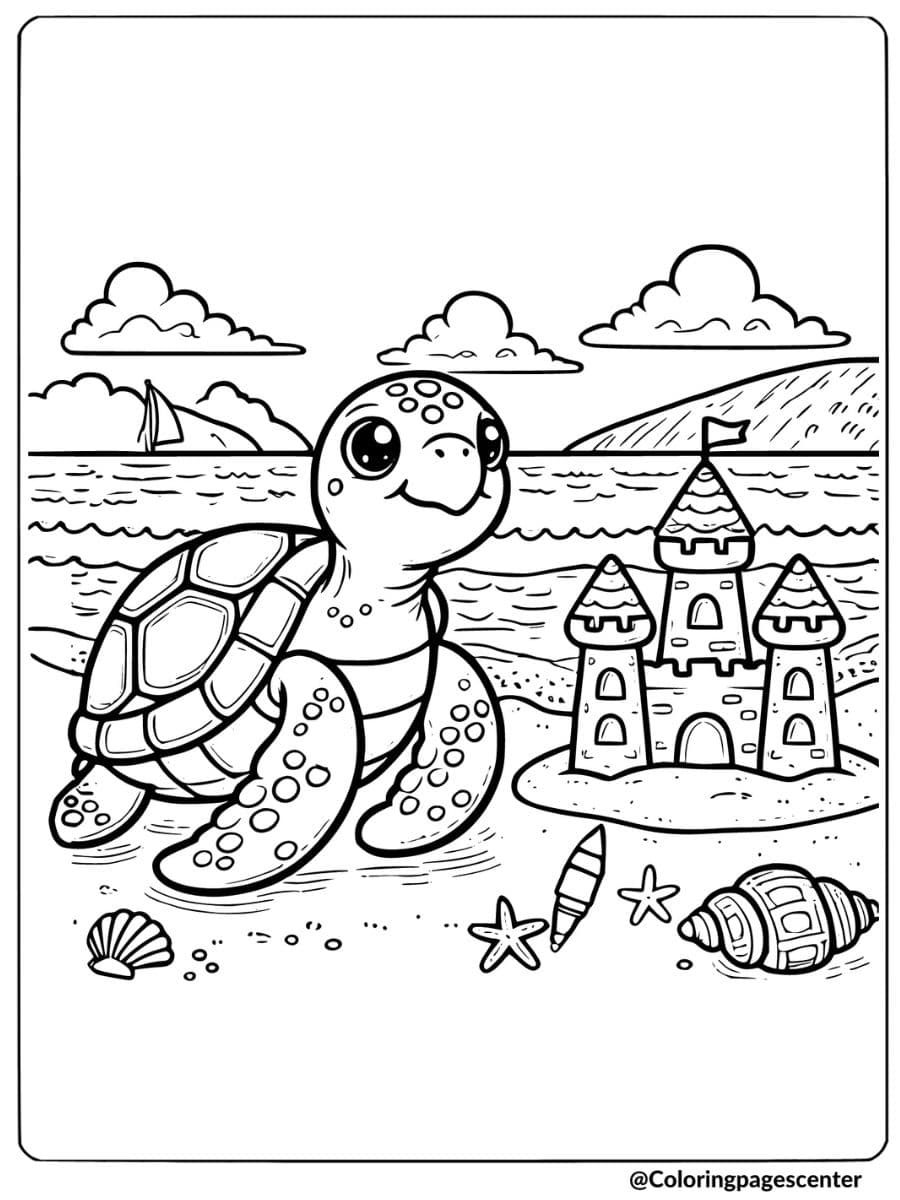 Adorable sea turtle near a sandcastle coloring page