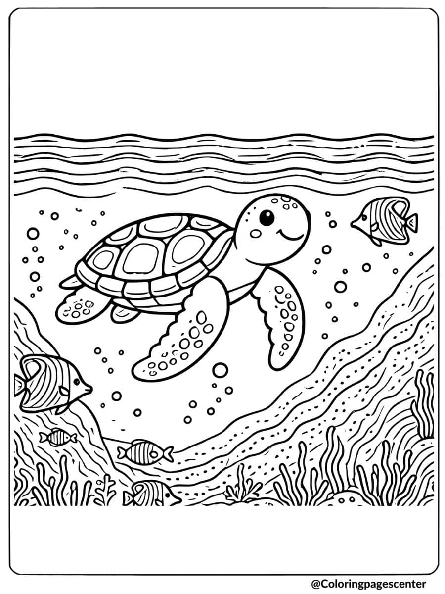 Cute sea turtle swimming in the ocean coloring page