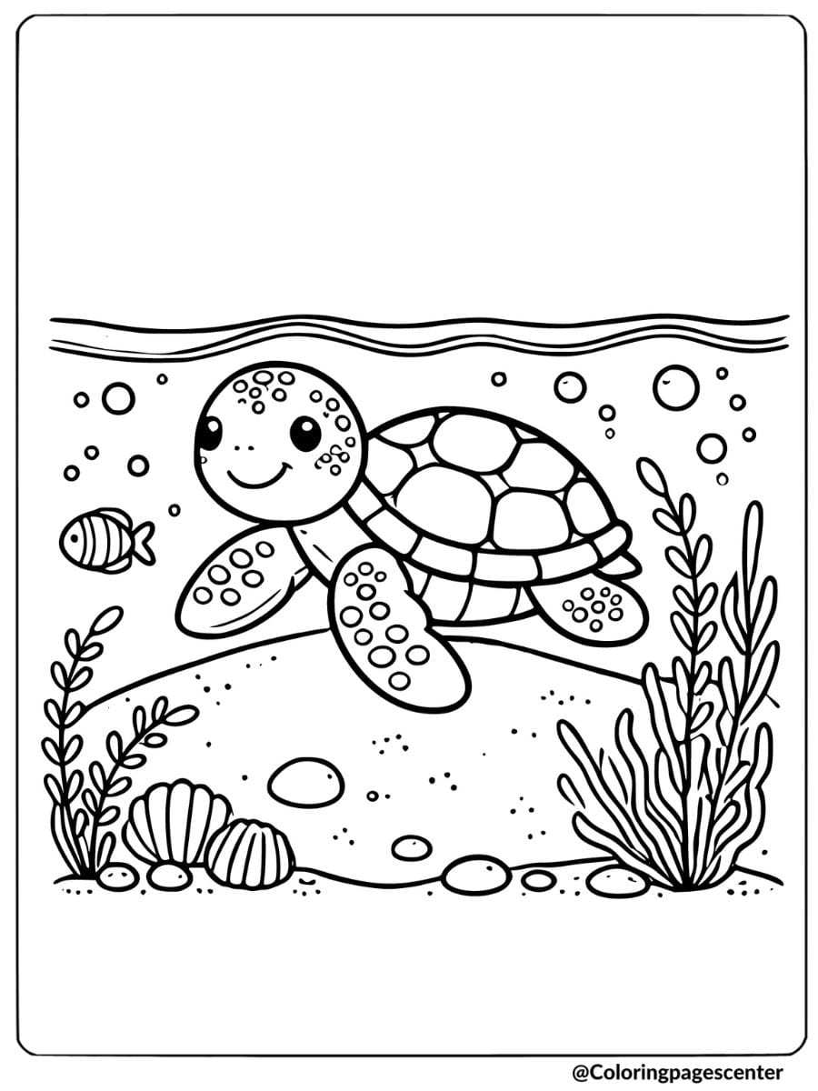 Cute sea turtle resting on a coral reef coloring page