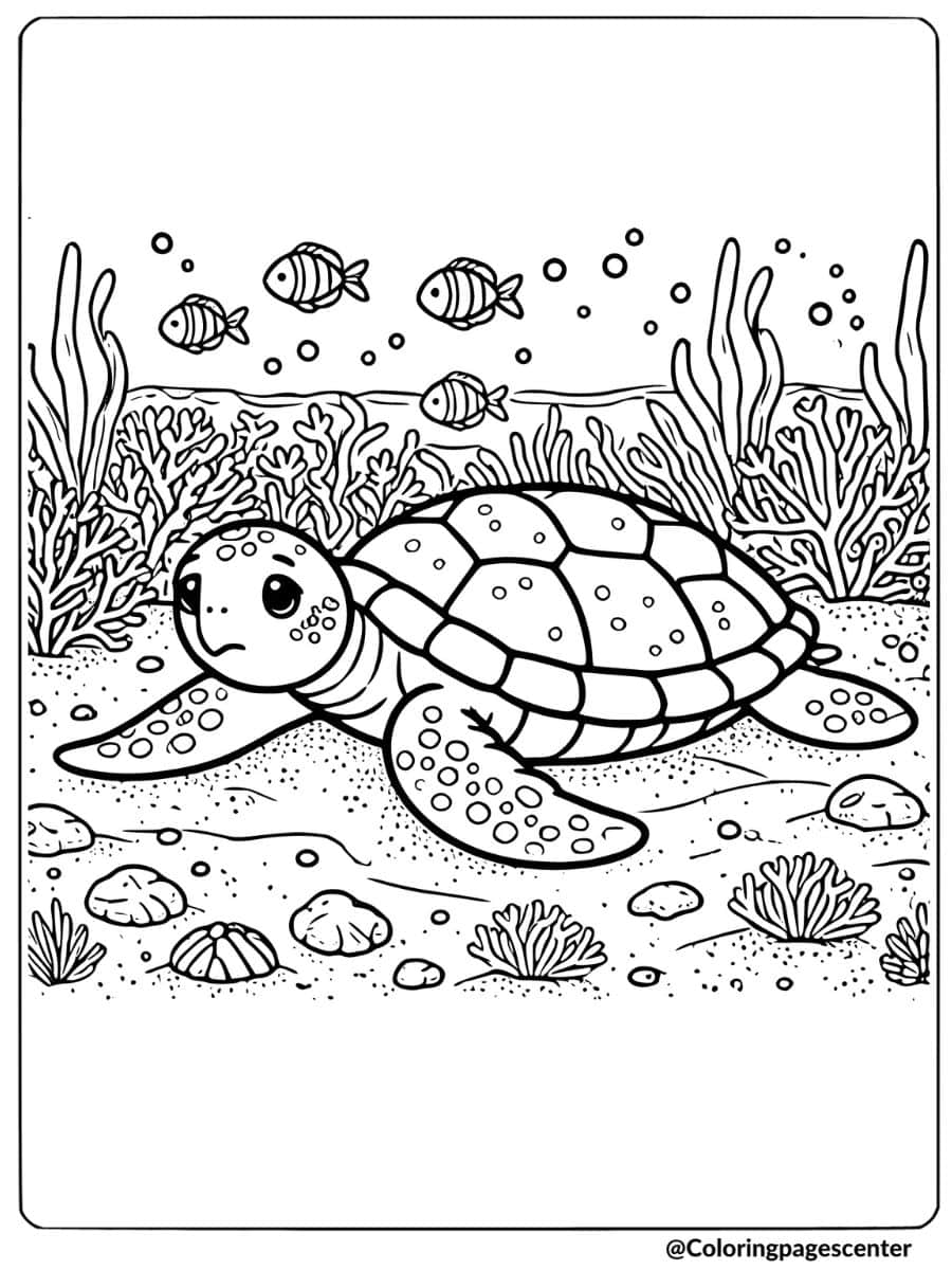 A cute sea turtle swimming with fish underwater coloring page